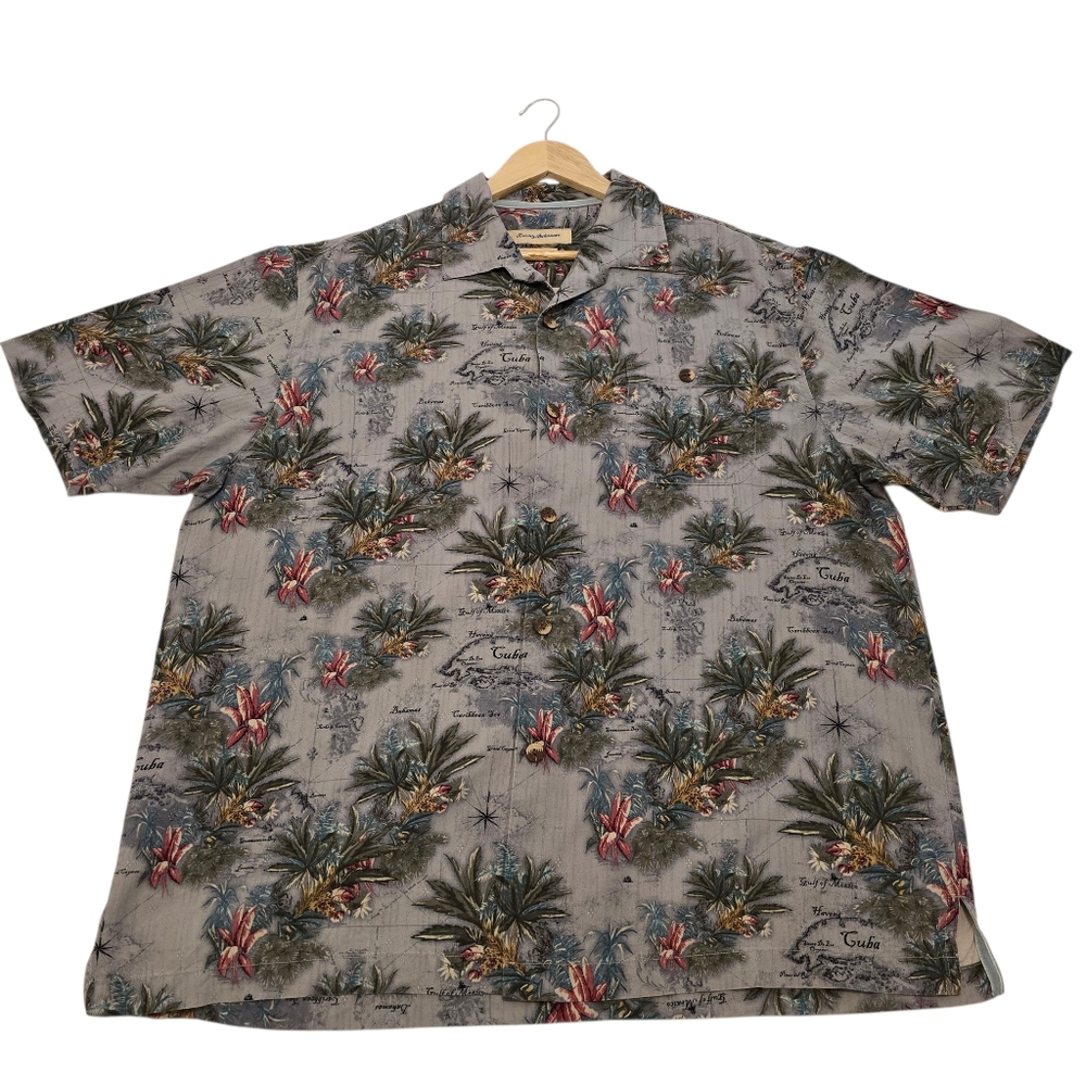 Tommy Bahama Floral Gray Caribbean Island Map 100% Silk Hawaiian Shirt, Men's XL